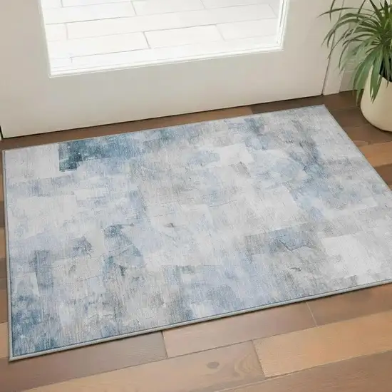 Denim Blue Gray And Silver Abstract Washable Area Rug With UV Protection Photo 2
