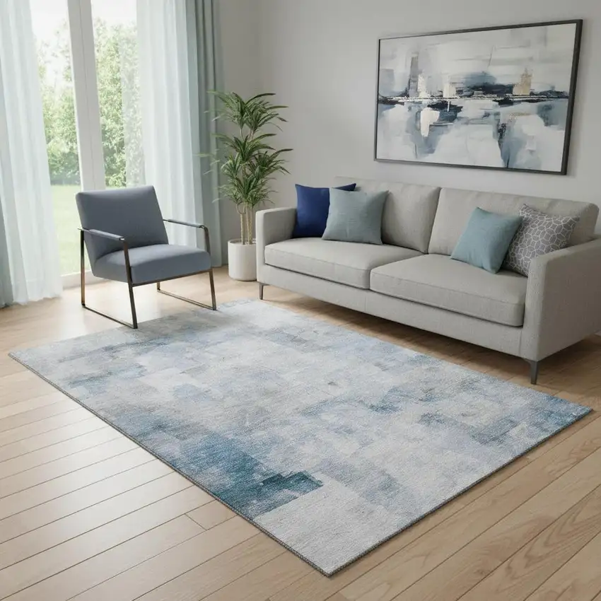 Denim Blue Gray And Silver Abstract Washable Area Rug With UV Protection Photo 2