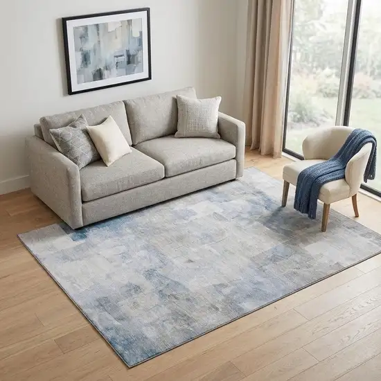Denim Blue Gray And Silver Abstract Washable Area Rug With UV Protection Photo 1