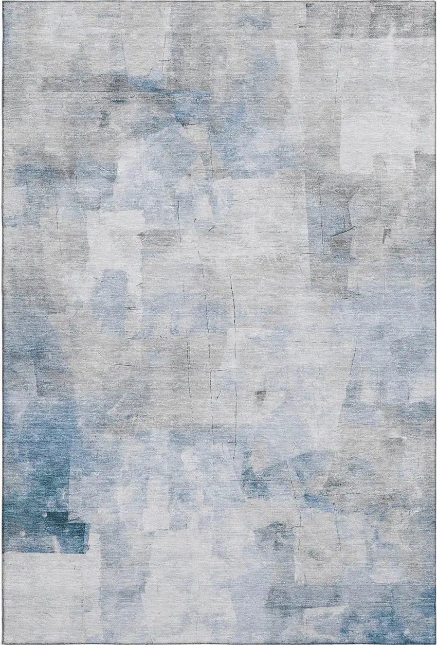 Denim Blue Gray And Silver Abstract Washable Area Rug With UV Protection Photo 1