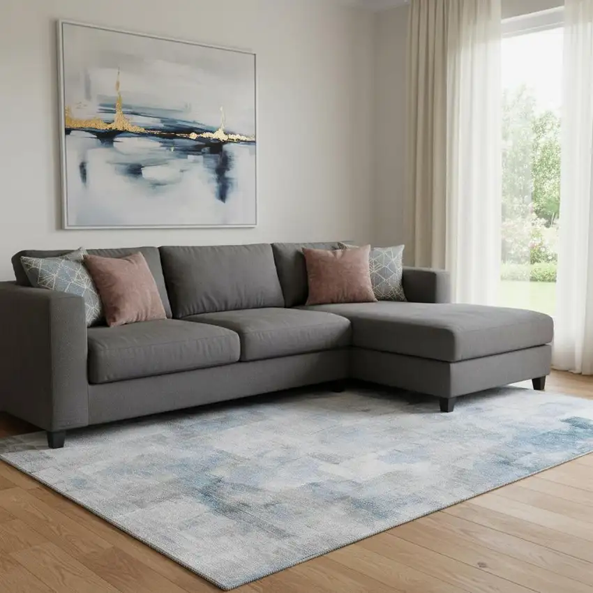 Denim Blue Gray And Silver Abstract Washable Area Rug With UV Protection Photo 2