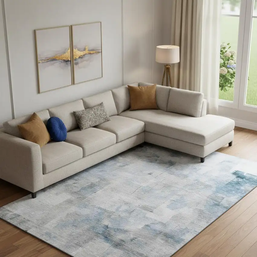 Denim Blue Gray And Silver Abstract Washable Area Rug With UV Protection Photo 2