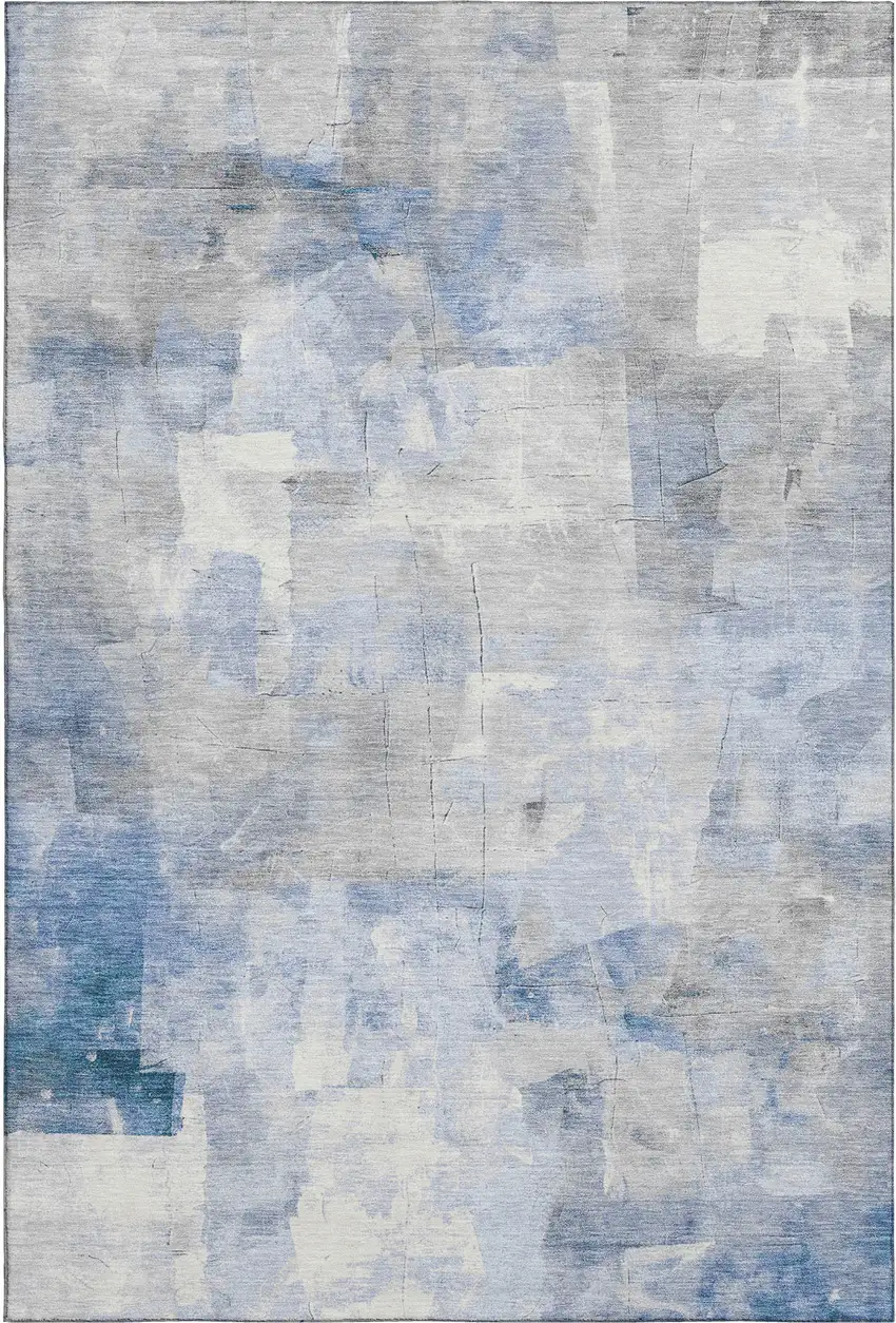 Denim Blue Gray And Silver Abstract Washable Area Rug With UV Protection Photo 1