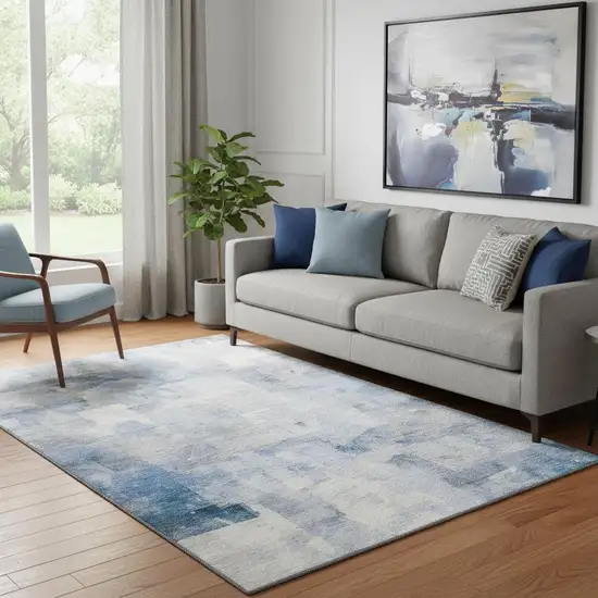 Denim Blue Gray And Silver Abstract Washable Area Rug With UV Protection Photo 2
