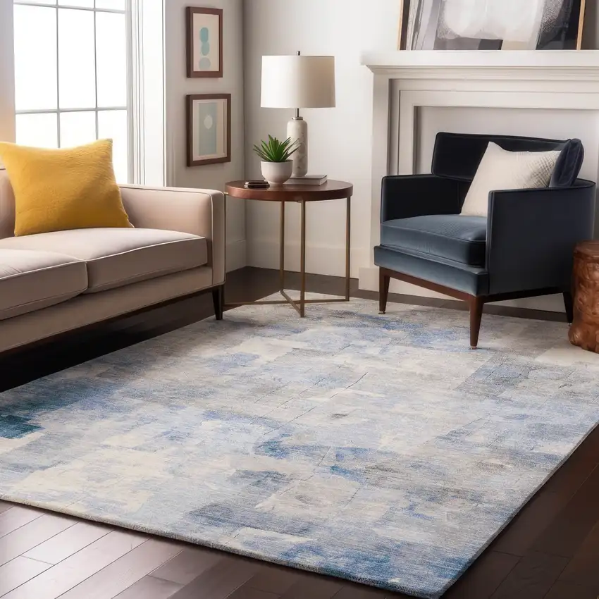 Denim Blue Gray And Silver Abstract Washable Area Rug With UV Protection Photo 5