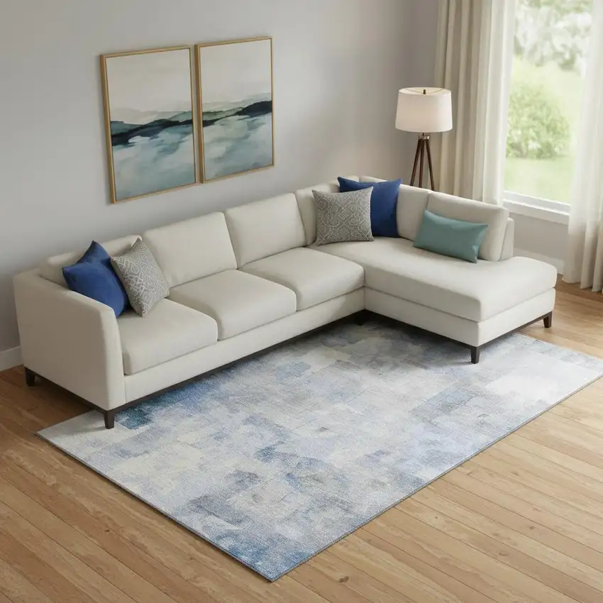 Denim Blue Gray And Silver Abstract Washable Area Rug With UV Protection Photo 2