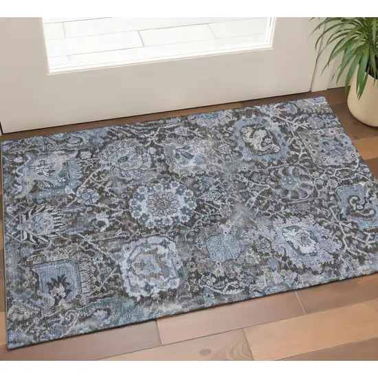 Denim Blue Gray And Silver Damask Washable Area Rug With UV Protection Photo 1