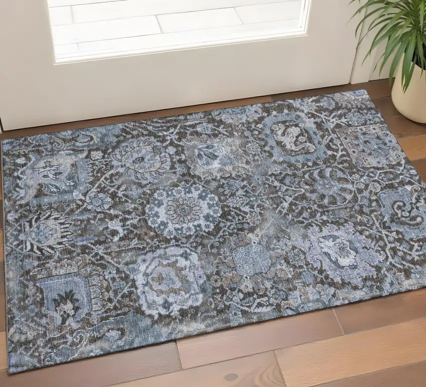 Denim Blue Gray And Silver Damask Washable Area Rug With UV Protection Photo 1