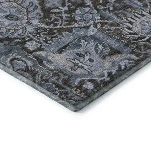 Photo of Denim Blue Gray And Silver Damask Washable Area Rug With UV Protection