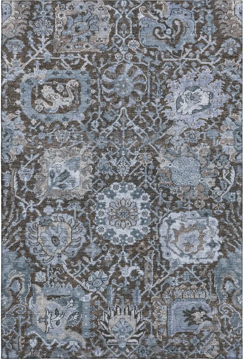 Denim Blue Gray And Silver Damask Washable Area Rug With UV Protection Photo 1