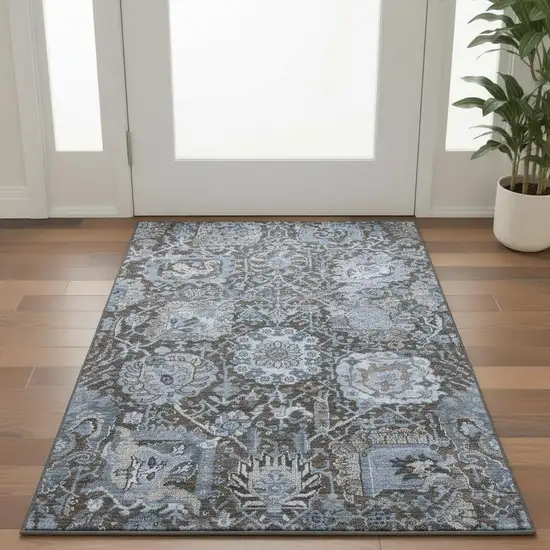 Denim Blue Gray And Silver Damask Washable Area Rug With UV Protection Photo 2