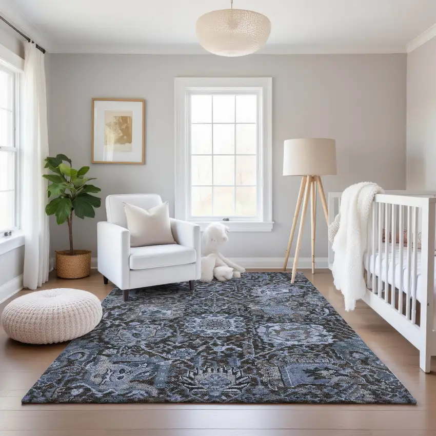 Denim Blue Gray And Silver Damask Washable Area Rug With UV Protection Photo 5