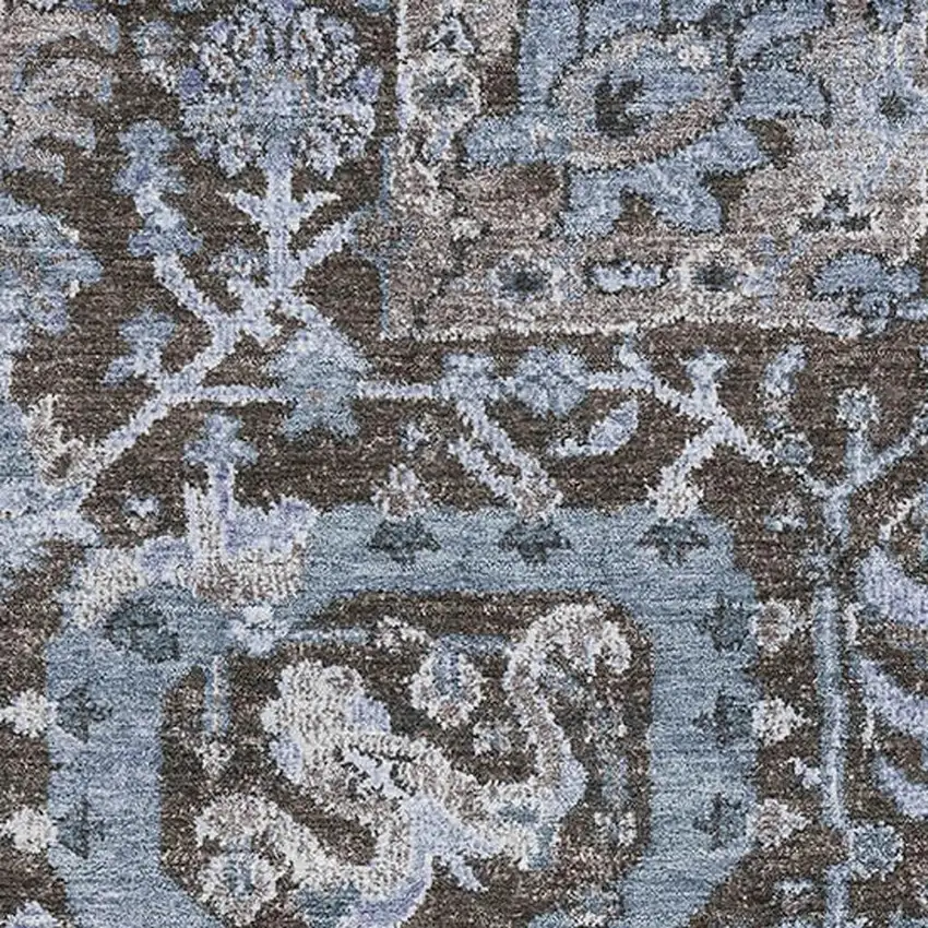 Denim Blue Gray And Silver Damask Washable Area Rug With UV Protection Photo 2