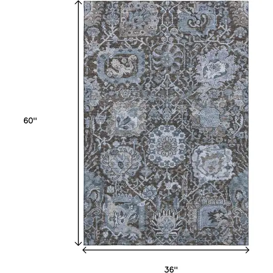 Denim Blue Gray And Silver Damask Washable Area Rug With UV Protection Photo 3