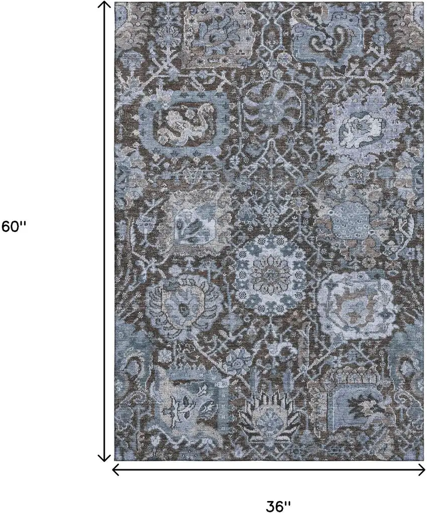 Denim Blue Gray And Silver Damask Washable Area Rug With UV Protection Photo 3