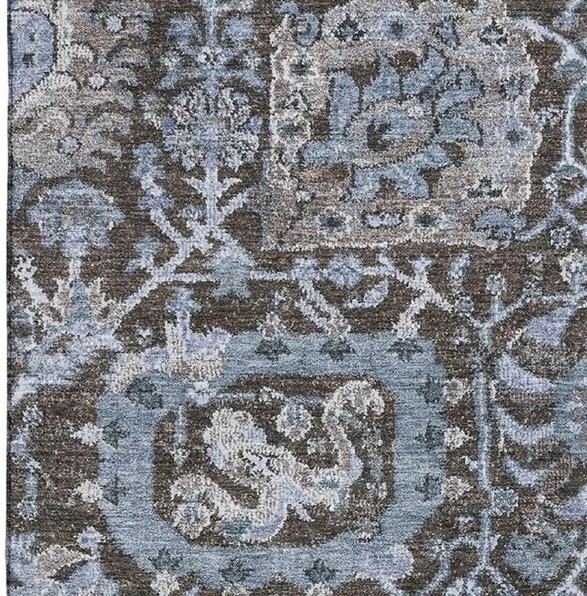 Denim Blue Gray And Silver Damask Washable Area Rug With UV Protection Photo 3