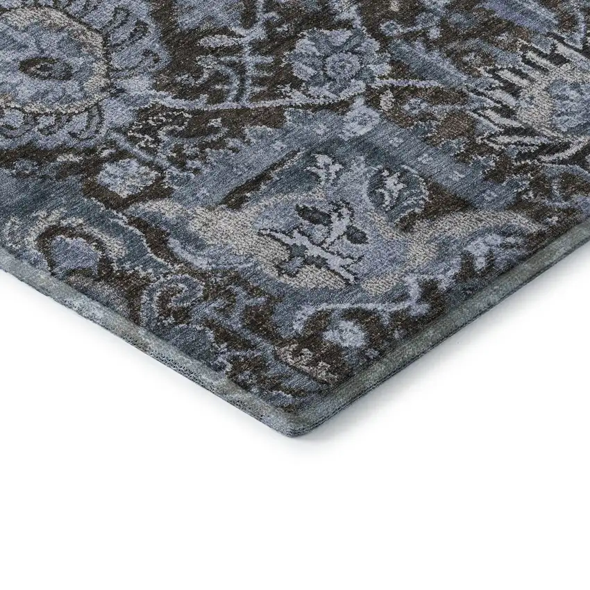 Denim Blue Gray And Silver Damask Washable Area Rug With UV Protection Photo 7