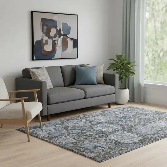 Denim Blue Gray And Silver Damask Washable Area Rug With UV Protection Photo 2