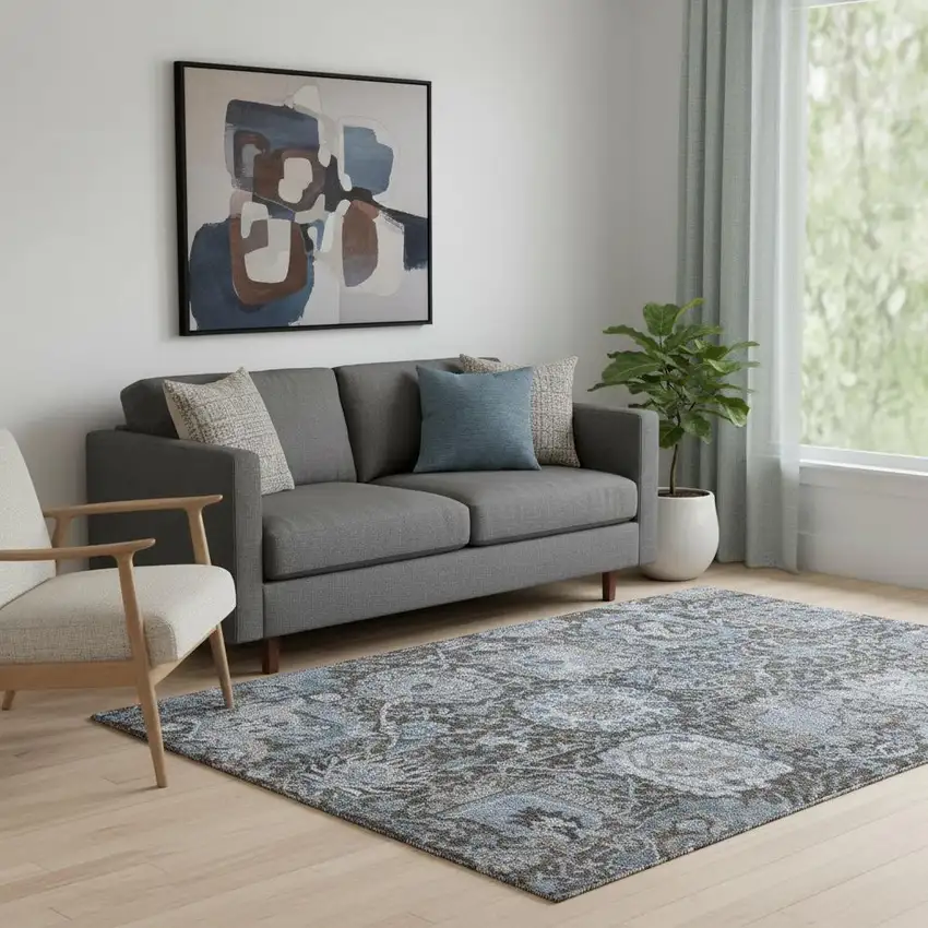 Denim Blue Gray And Silver Damask Washable Area Rug With UV Protection Photo 2