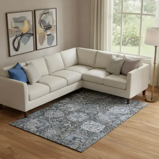 Denim Blue Gray And Silver Damask Washable Area Rug With UV Protection Photo 2