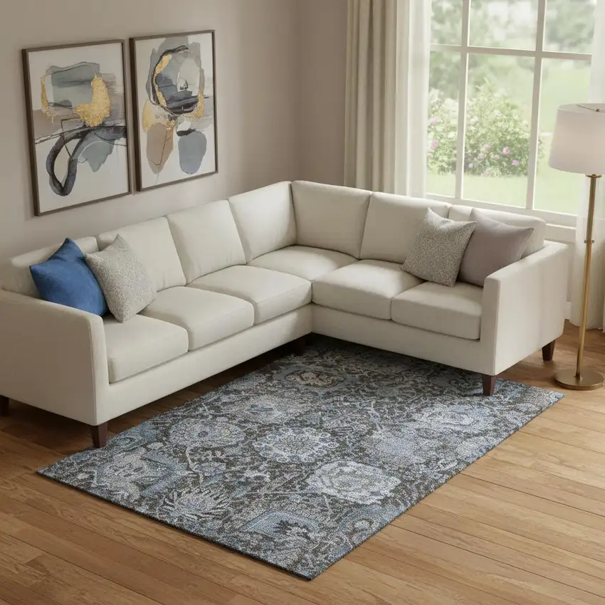 Denim Blue Gray And Silver Damask Washable Area Rug With UV Protection Photo 2