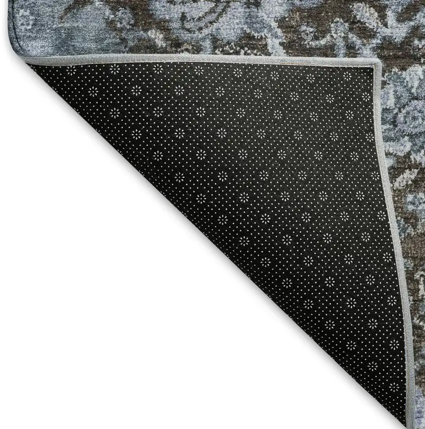 Denim Blue Gray And Silver Damask Washable Area Rug With UV Protection Photo 7
