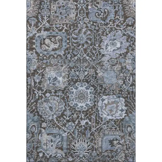 Denim Blue Gray And Silver Damask Washable Area Rug With UV Protection Photo 1