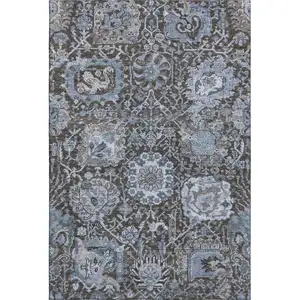 Photo of Denim Blue Gray And Silver Damask Washable Area Rug With UV Protection