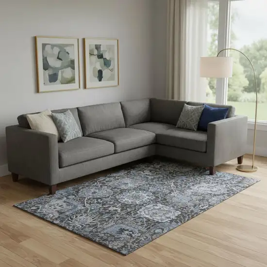 Denim Blue Gray And Silver Damask Washable Area Rug With UV Protection Photo 2