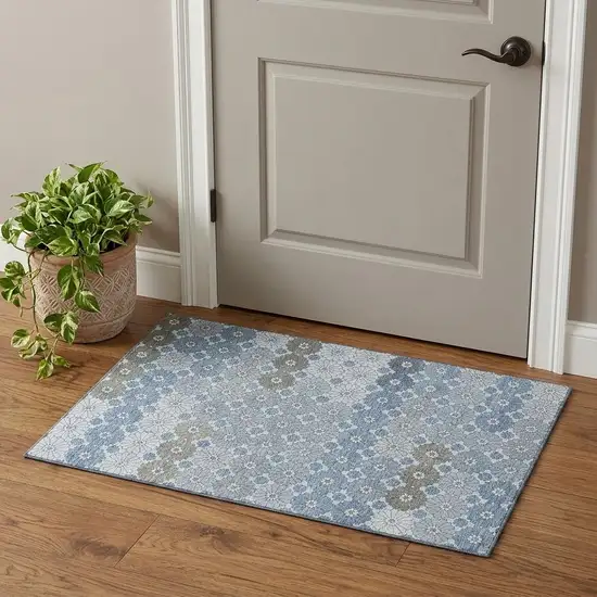 Denim Blue Gray And Silver Geometric Washable Area Rug With UV Protection Photo 1