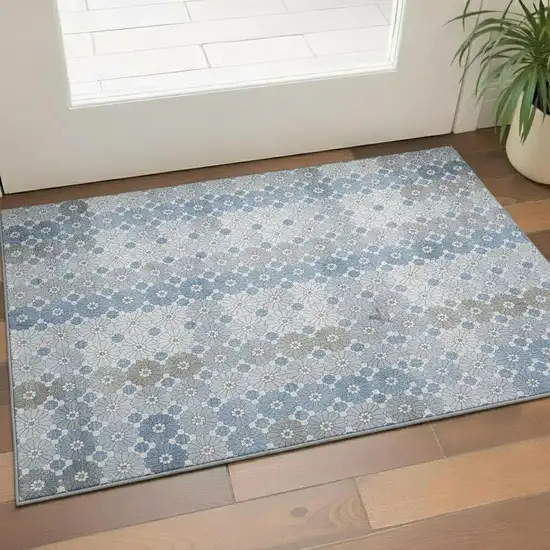 Denim Blue Gray And Silver Geometric Washable Area Rug With UV Protection Photo 2