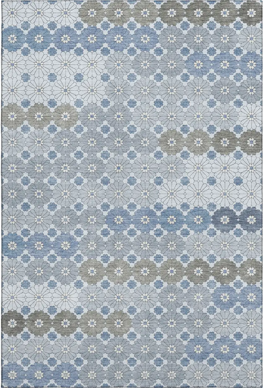 Denim Blue Gray And Silver Geometric Washable Area Rug With UV Protection Photo 1
