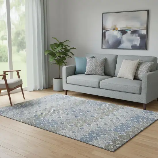 Denim Blue Gray And Silver Geometric Washable Area Rug With UV Protection Photo 2