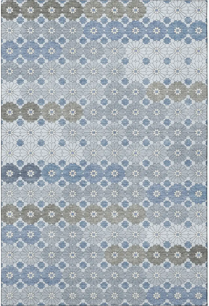 Denim Blue Gray And Silver Geometric Washable Area Rug With UV Protection Photo 3