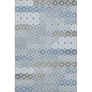 Photo of Denim Blue Gray And Silver Geometric Washable Area Rug With UV Protection
