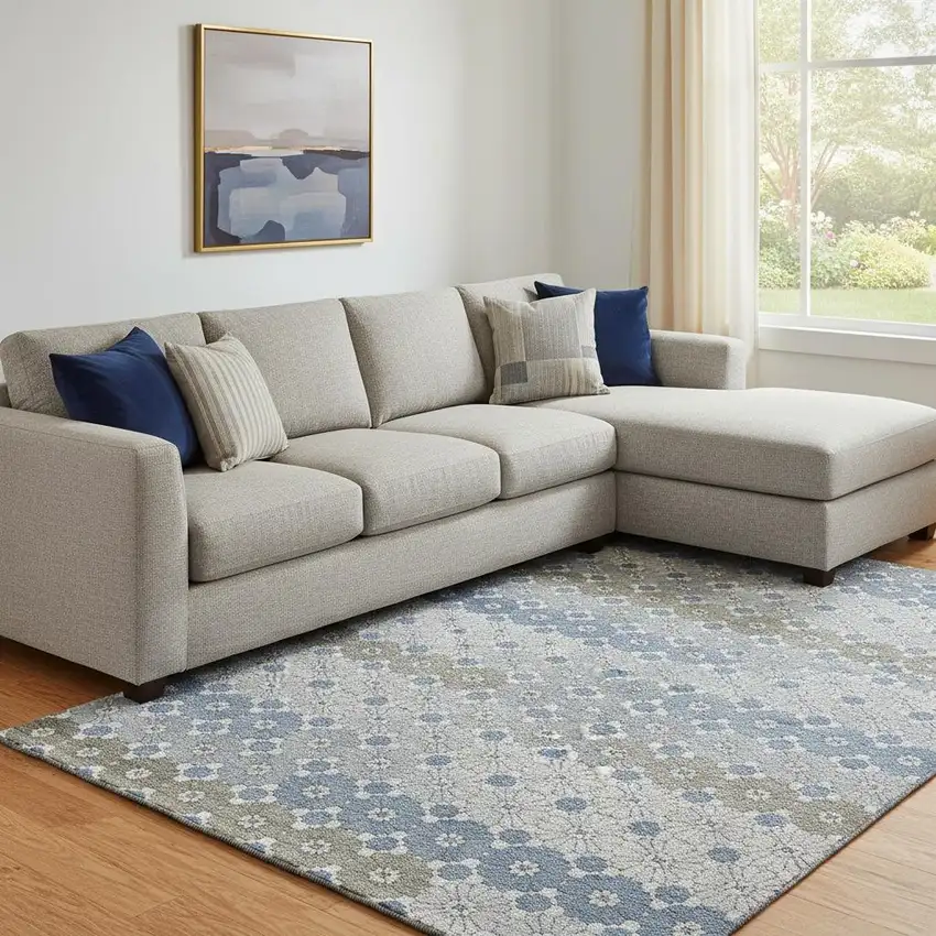 Denim Blue Gray And Silver Geometric Washable Area Rug With UV Protection Photo 2