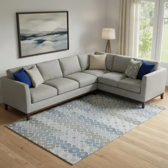 Denim Blue Gray And Silver Geometric Washable Area Rug With UV Protection Photo 2