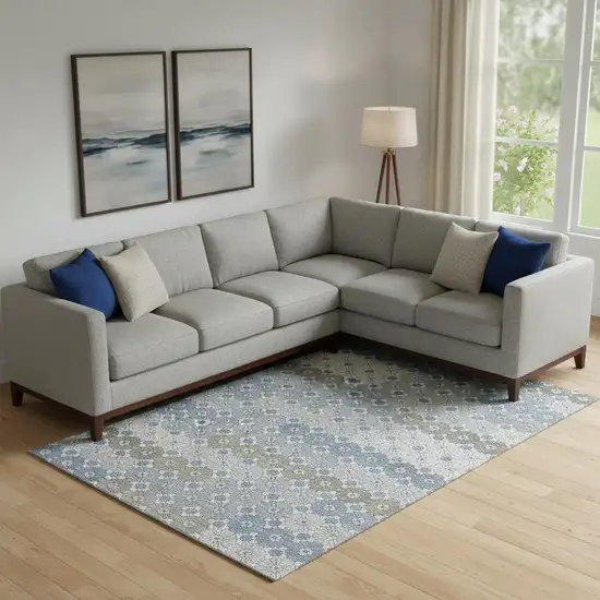 Denim Blue Gray And Silver Geometric Washable Area Rug With UV Protection Photo 2