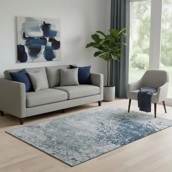 Denim Blue Gray And Sky Blue Abstract Washable Area Rug With UV Protection Photo 2