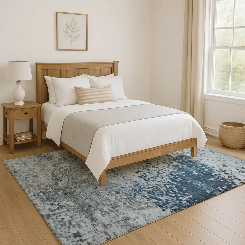 Denim Blue Gray And Sky Blue Abstract Washable Area Rug With UV Protection Photo 5