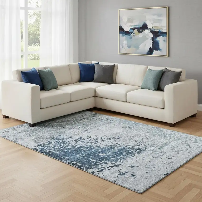 Denim Blue Gray And Sky Blue Abstract Washable Area Rug With UV Protection Photo 2