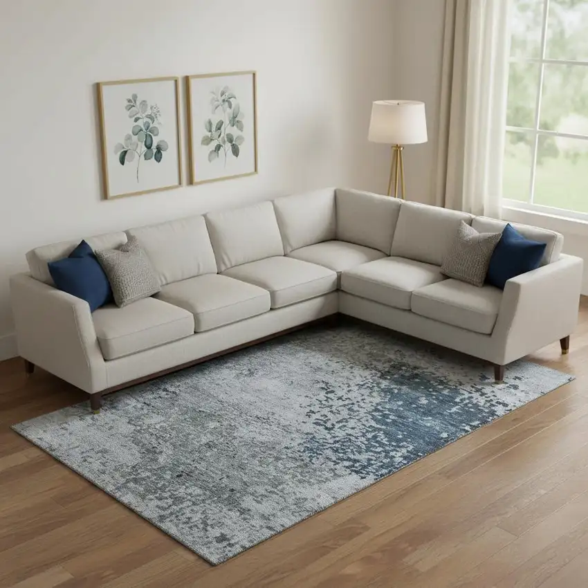 Denim Blue Gray And Sky Blue Abstract Washable Area Rug With UV Protection Photo 2