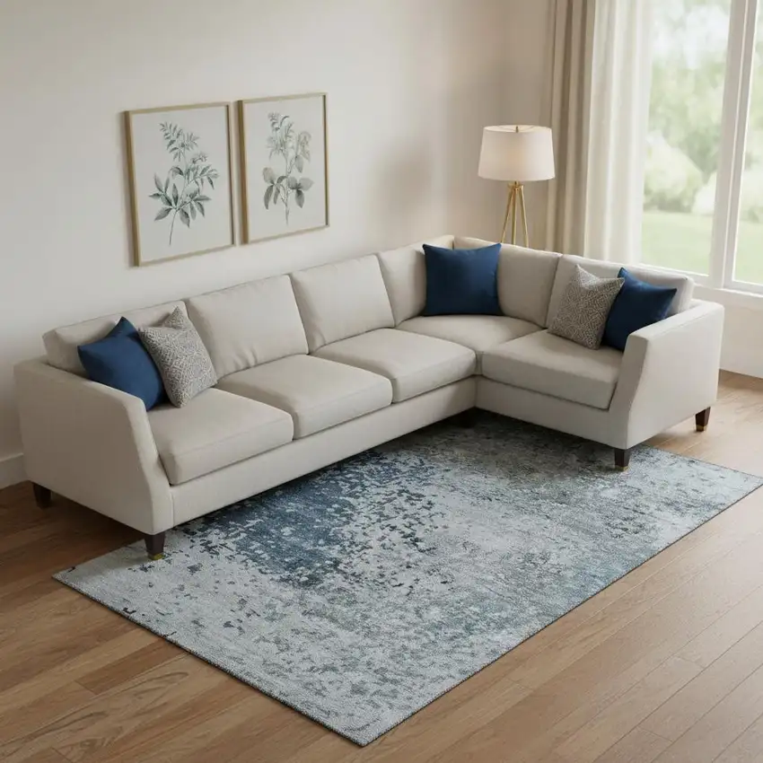 Denim Blue Gray And Sky Blue Abstract Washable Area Rug With UV Protection Photo 2