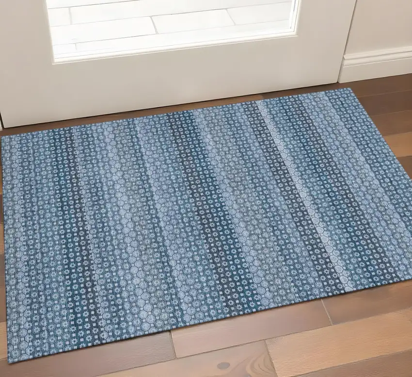 Denim Blue Gray And Sky Blue Striped Washable Area Rug With UV Protection Photo 1