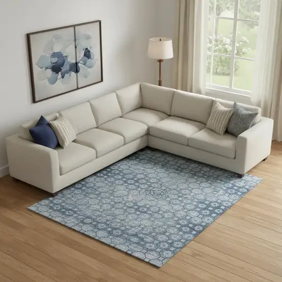 Denim Blue Gray And Sky Blue Striped Washable Area Rug With UV Protection Photo 2