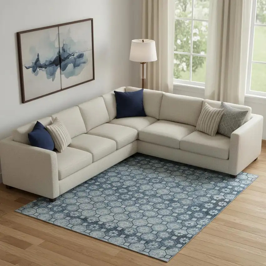 Denim Blue Gray And Sky Blue Striped Washable Area Rug With UV Protection Photo 2