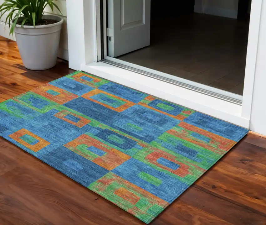 Denim Blue Green And Copper Geometric Washable Indoor Outdoor Area Rug Photo 1