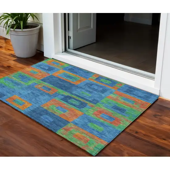 Denim Blue Green And Copper Geometric Washable Indoor Outdoor Area Rug Photo 1