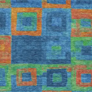 Photo of Denim Blue Green And Copper Geometric Washable Indoor Outdoor Area Rug