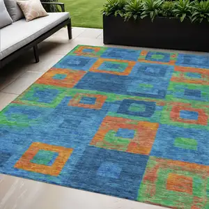 Photo of Denim Blue Green And Copper Geometric Washable Indoor Outdoor Area Rug